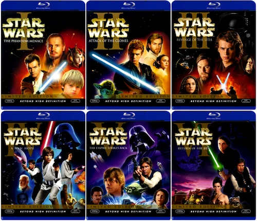 Collection of Star Wars film covers arranged in two rows.