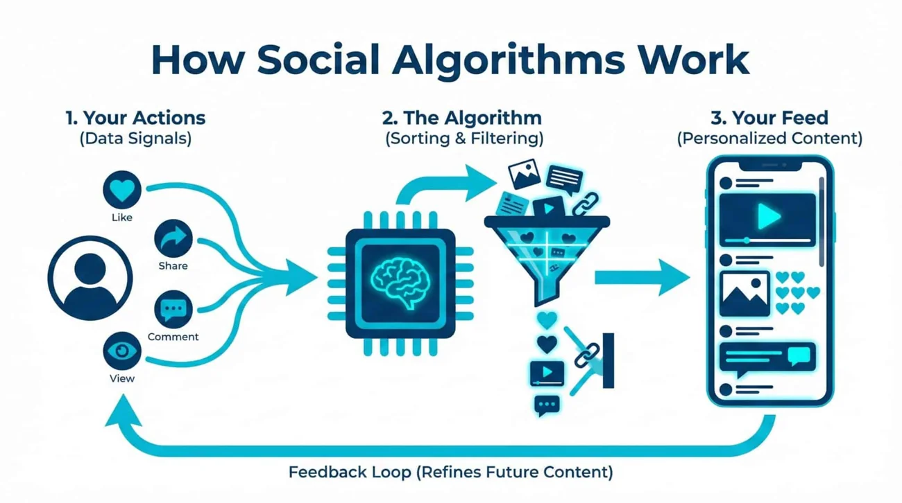 AI-generated infographic illustrating signals, algorithm filtering and a personalised social feed.