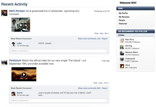 Apple Ping activity feed showing shared music and recent updates.