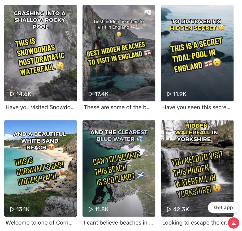 Archived UK Hidden Gems TikTok profile or video grid showing the examples discussed in the article.