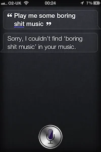 Siri reporting no matching music after a request containing an insult.