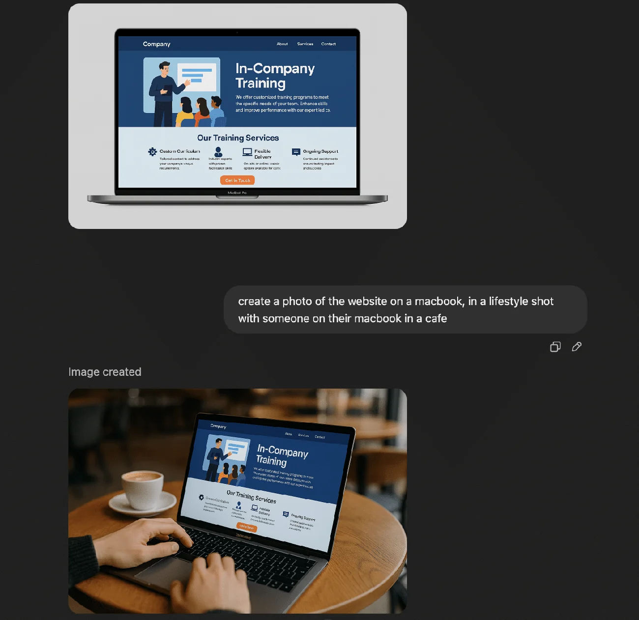 ChatGPT example placing a training-page screenshot on a tablet in a photograph.