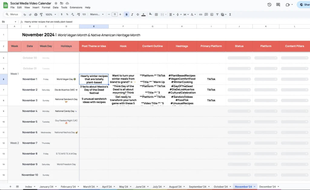Social-media content-calendar spreadsheet with dated rows and planning columns.