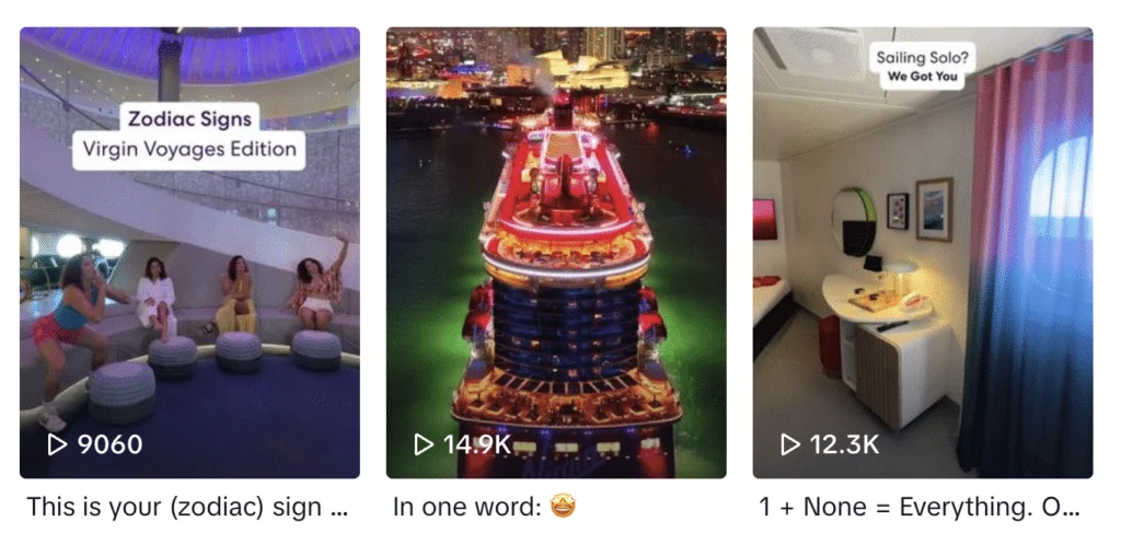Archived Virgin Voyages TikTok profile or video grid showing the examples discussed in the article.