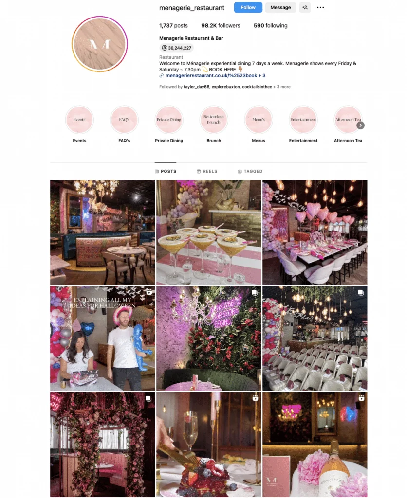 Archived social-media screenshot for Menagerie, Manchester, showing the posts discussed in this example.