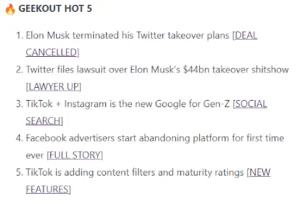 Archived screenshot of Geekout, showing its newsletter or signup page.