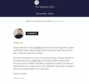 Archived screenshot of The Weekly SEO, showing its newsletter or signup page.