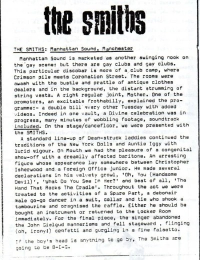 Scanned early live-show review of the Smiths, headed with the band’s name.