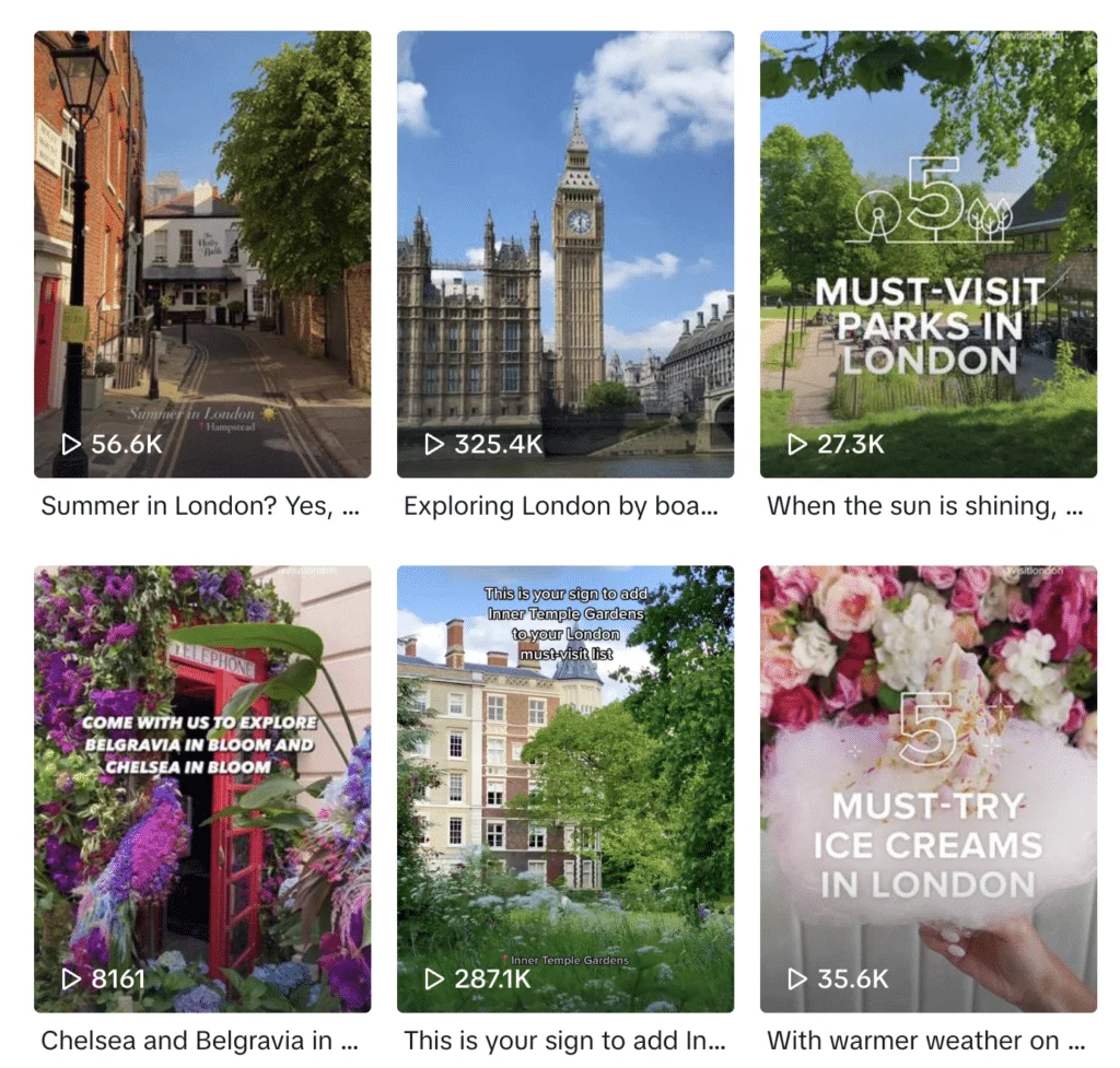 Archived Visit London TikTok profile or video grid showing the examples discussed in the article.