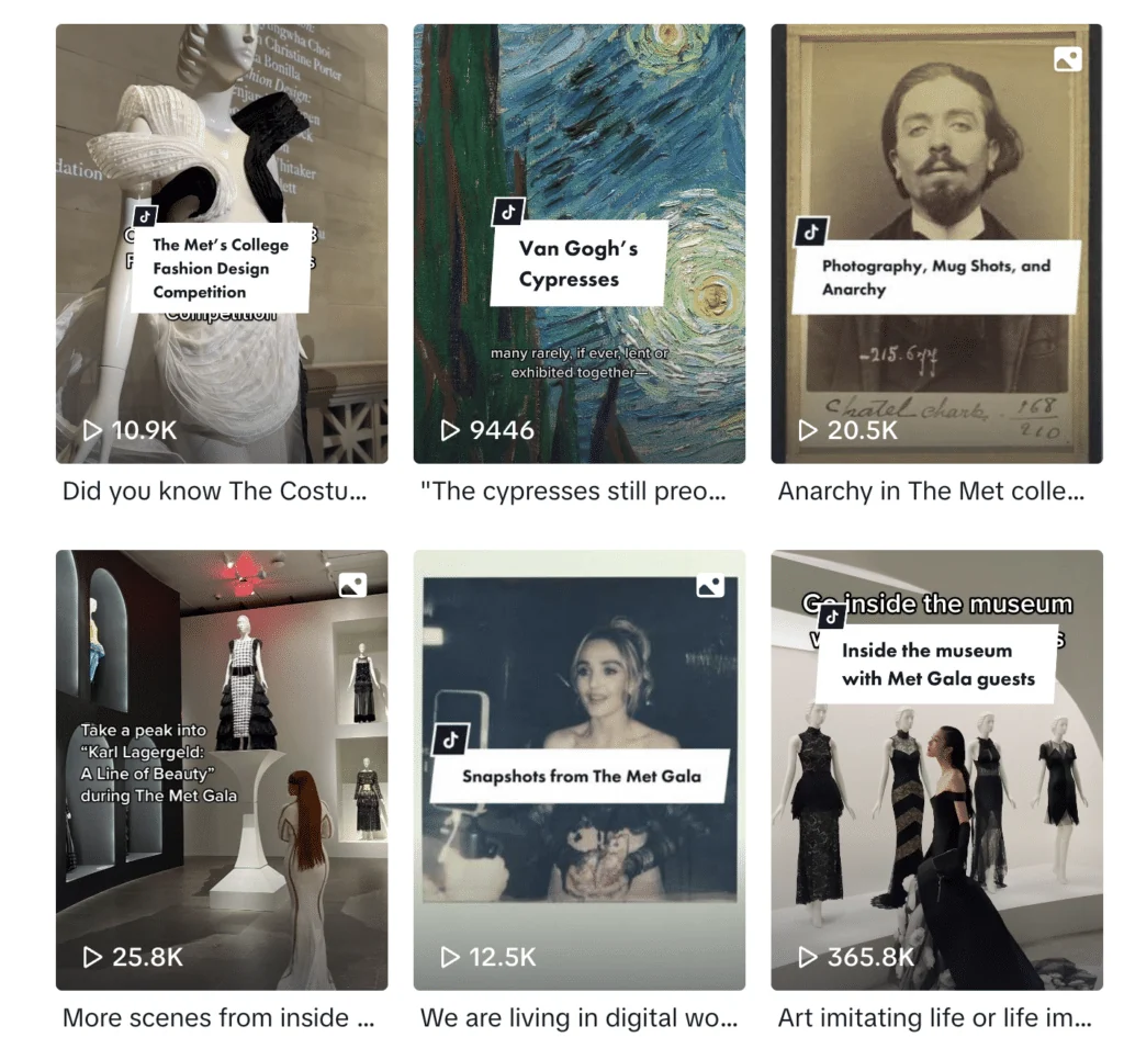 Archived The Met TikTok profile or video grid showing the examples discussed in the article.