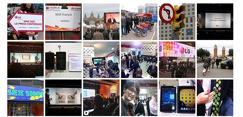 Collage of conference presentations, phones and exhibition displays from Mobile World Congress 2011.