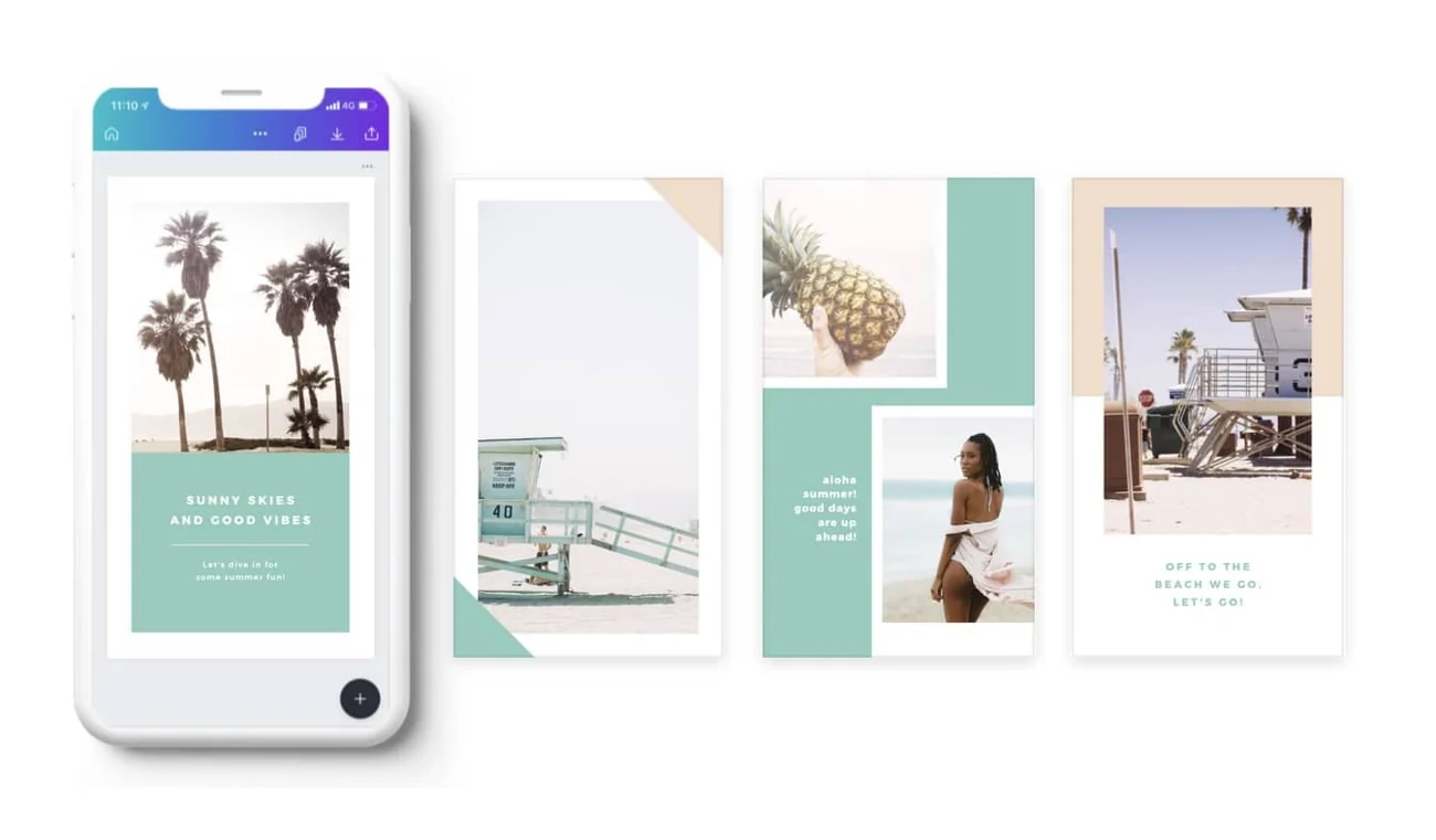 Canva mobile mock-up beside three pastel social-story layouts.
