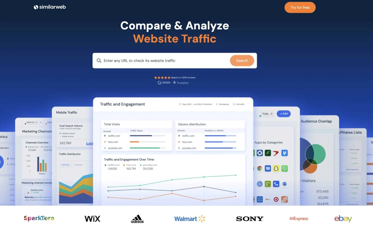 Similarweb landing page with website-traffic analysis panels and a search field.