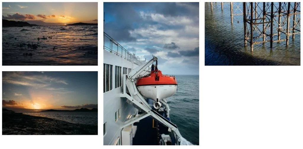 Collage of sea, sunset, boat and pier photographs from the September 2018 collection.