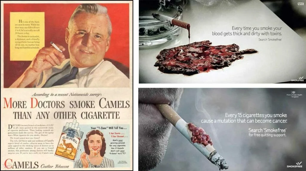 Collage comparing historical cigarette advertising with meat advertising, as discussed in the article.