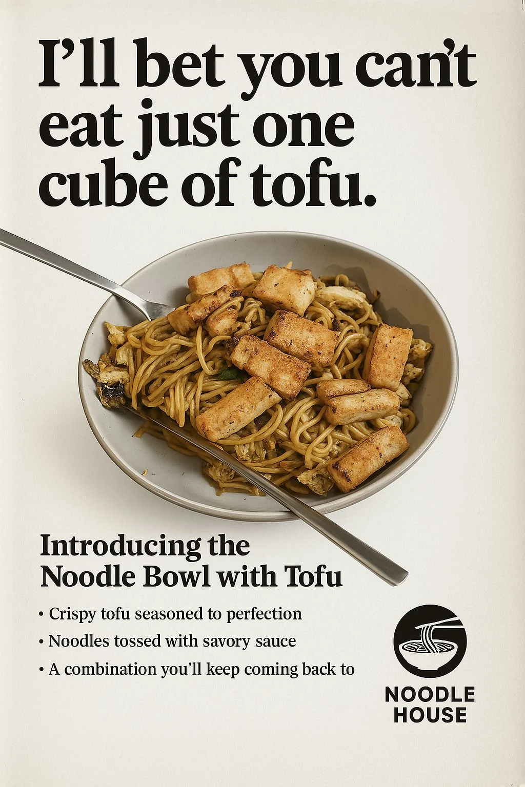 AI-generated advertisement for a tofu noodle bowl.