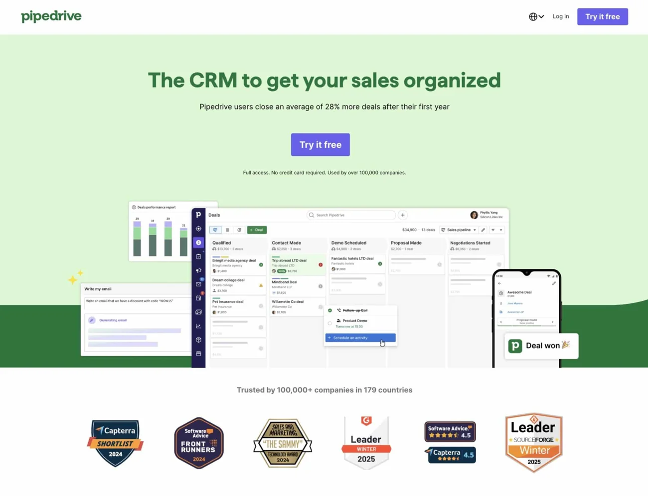 Pipedrive landing page with a CRM interface, headline and signup button.