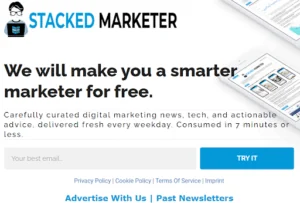 Archived screenshot of Stacked Marketer, showing its newsletter or signup page.
