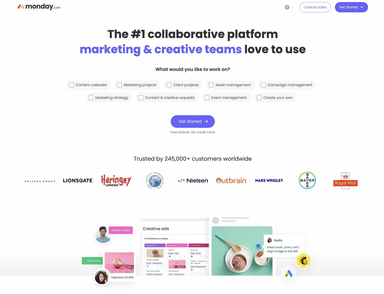 Monday.com landing page with its collaborative-platform headline and product graphics.