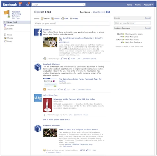 Old Facebook Page news-feed view with posts from other pages.