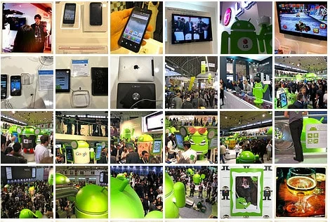 Collage of phones, exhibition stands and displays at Mobile World Congress 2011.