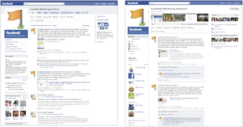 Side-by-side screenshots comparing the old and redesigned Facebook Pages layouts.