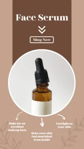 Face-serum promotion with a product bottle and explanatory callouts.