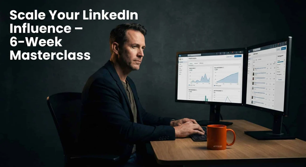 Studio shot of a male creator sat at a desk looking at dual monitors to analyze LinkedIn insights. Created with Nano Banana Pro.