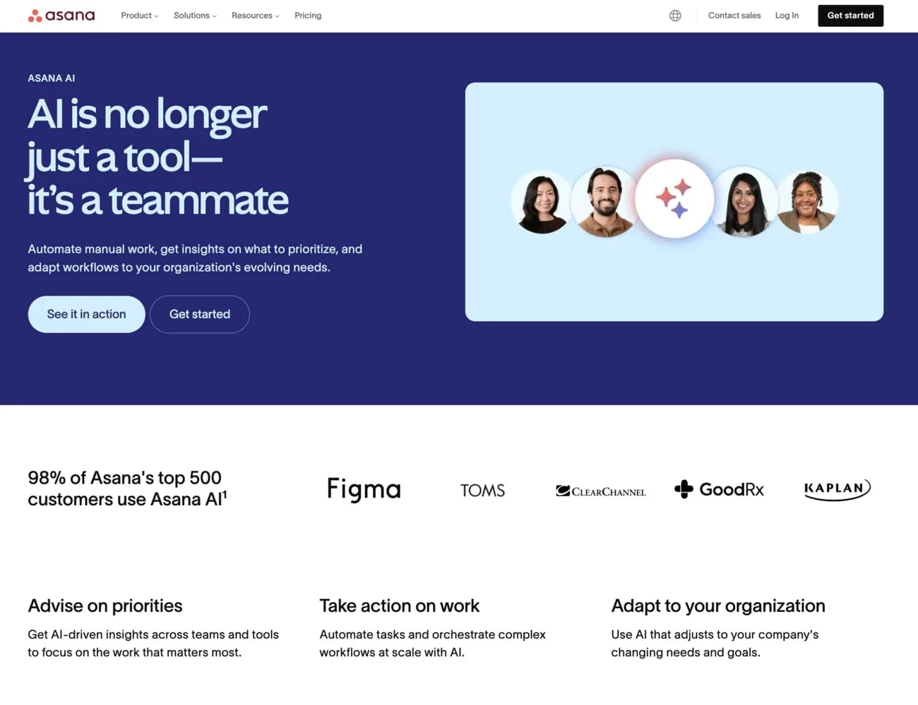 Asana landing page presenting AI teammates and its work-management product.