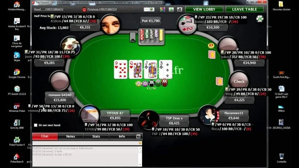 Online poker interface with a table, player panels and statistics.