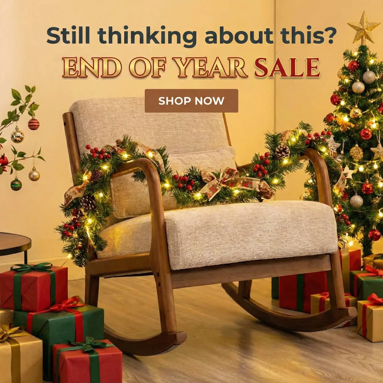 AI-generated seasonal version of the rocking-chair advertisement, with Christmas decorations.