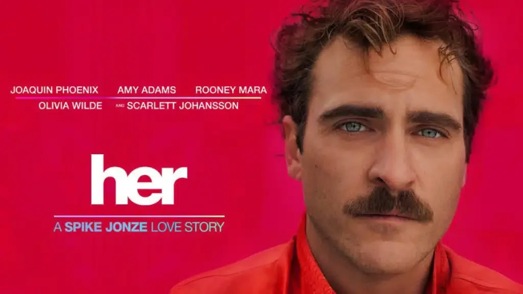 Red promotional poster for the film Her.