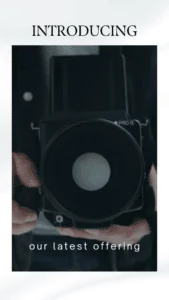 Camera product announcement in a vertical Canva video template.