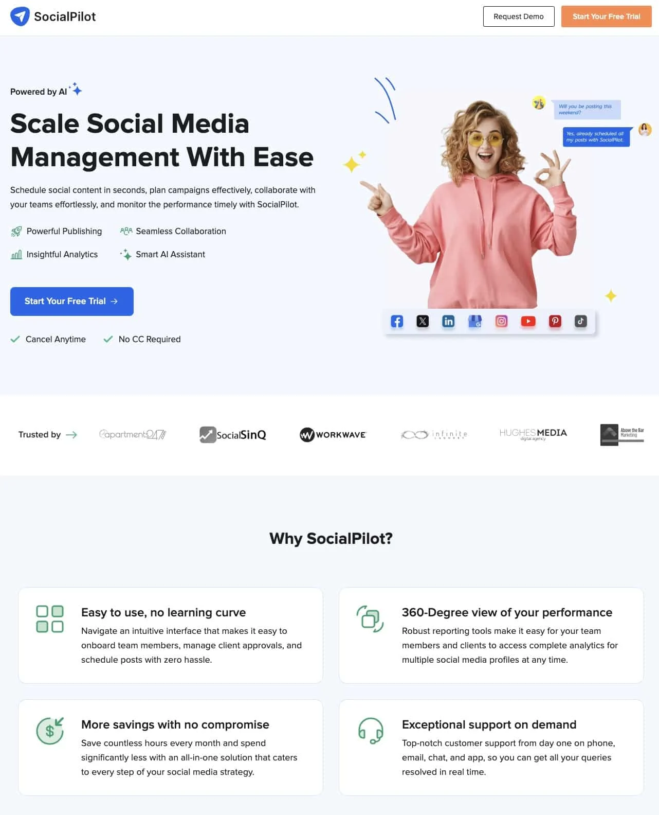 SocialPilot landing page with its headline, signup button and product information.
