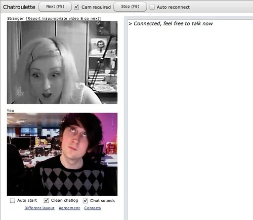 Archived Chatroulette interface with two webcam panels and a text-chat area.