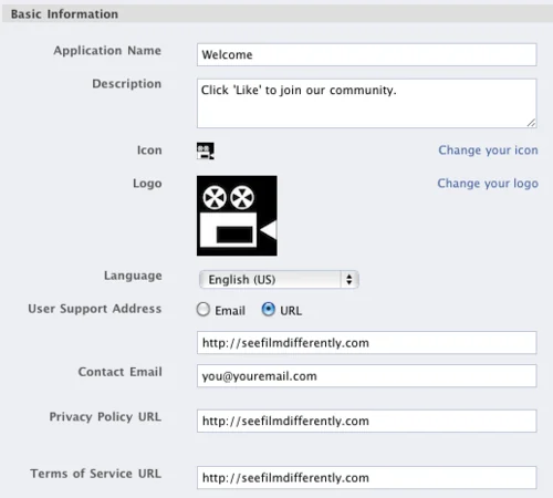 Old Facebook application settings showing basic information and support-address fields.
