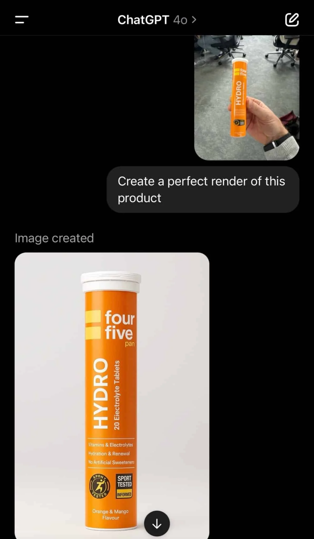 ChatGPT example turning a supplied product photograph into a studio-style product shot.