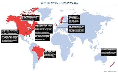 Historical world map annotating reported animal-death incidents.
