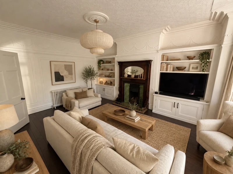 AI-generated Japandi redesign of Will Francis’s sitting room with cream linen seating, a wooden coffee table, a natural rug and a paper pendant