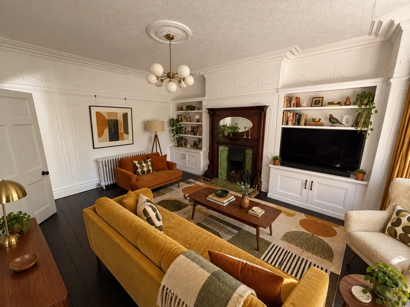 AI-generated mid-century modern redesign with a mustard sofa, walnut coffee table, geometric rug and brass globe pendant