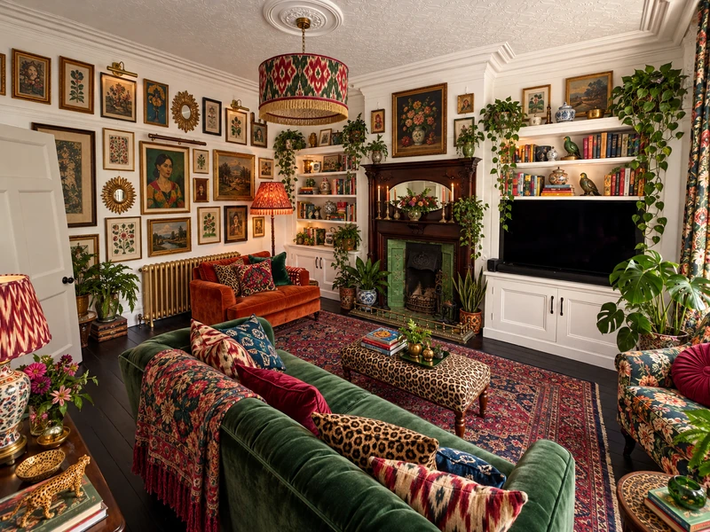 AI-generated maximalist redesign with green velvet seating, layered patterned fabrics, a leopard-print footstool, a gallery wall and plants