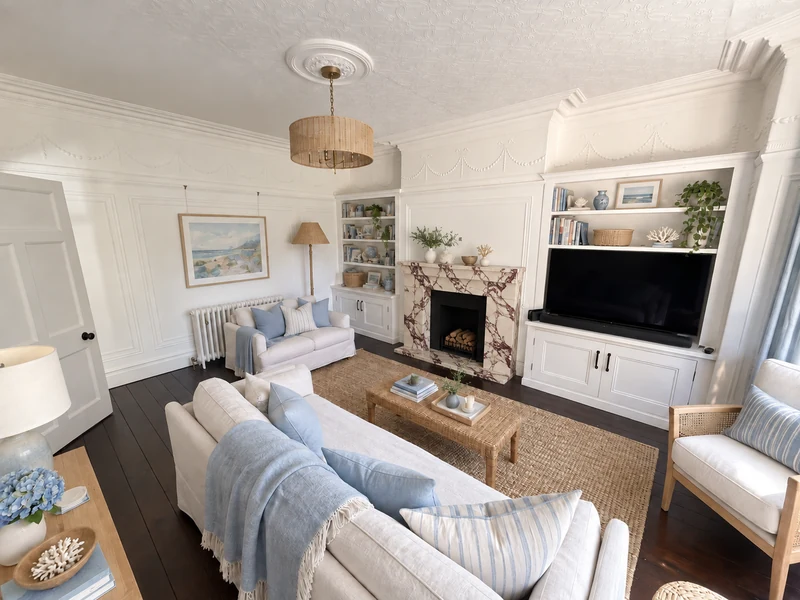 AI-generated coastal room with a cream marble fireplace, burgundy veining and a black fire opening