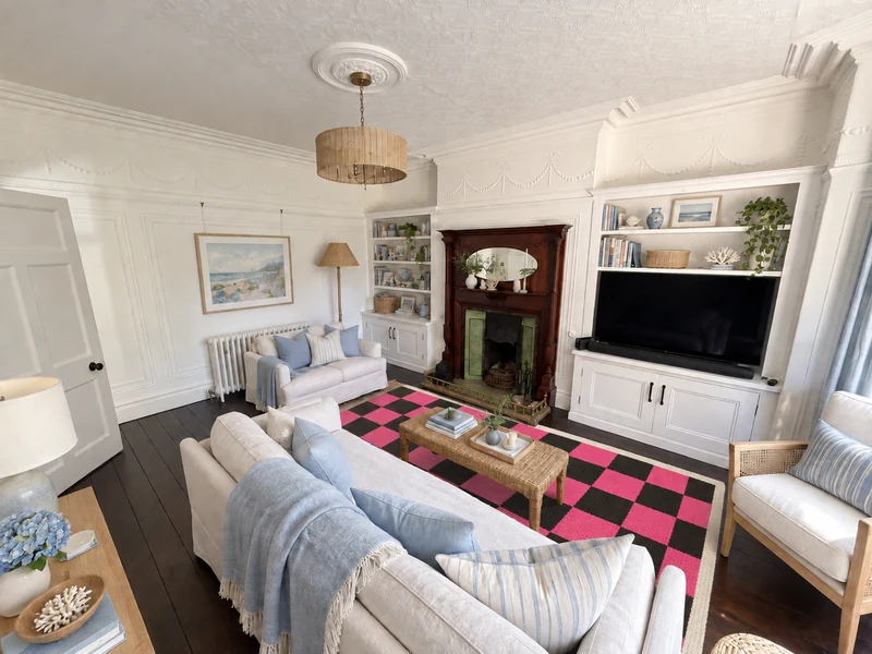 AI-generated coastal room with a hot-pink and black checkerboard rug