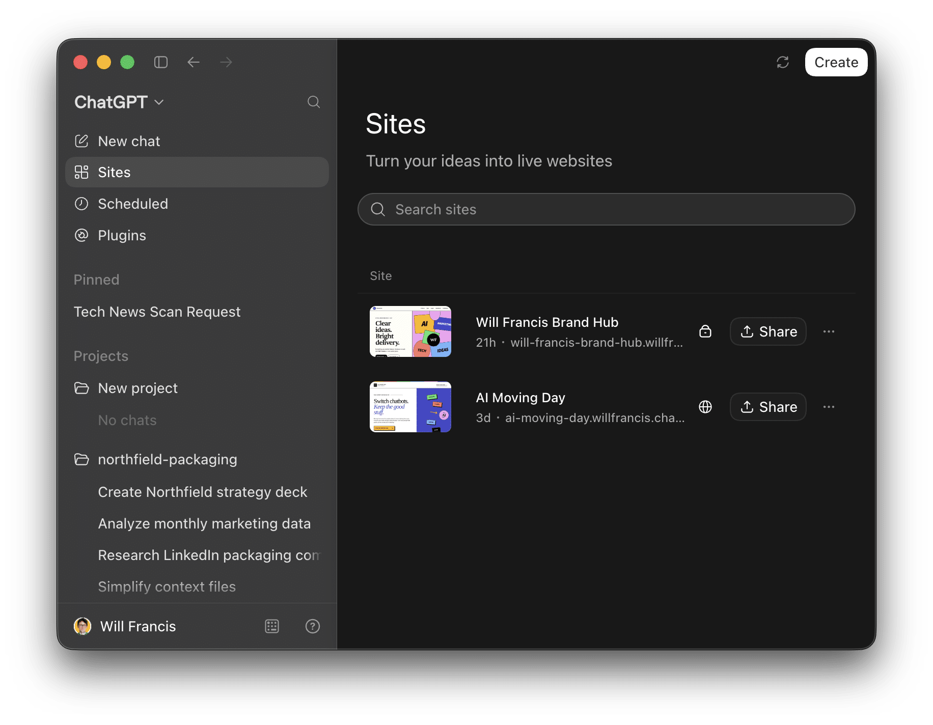 ChatGPT Sites in the desktop app, showing a list of created websites.