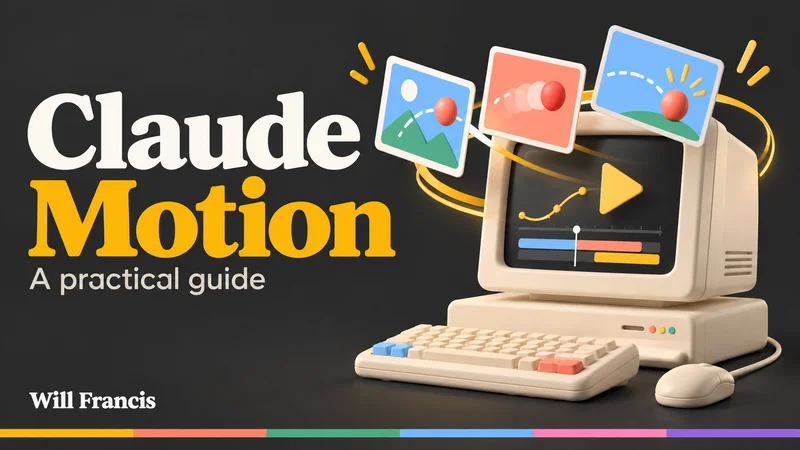 Claude Motion practical guide cover with a retro computer, animated chart and floating storyboard panels