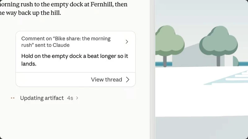 A pacing comment sent to Claude asking it to hold the empty dock on screen longer, with the artifact updating
