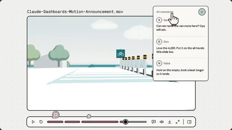 The official Motion demonstration showing comments from teammates alongside the video and markers on its timeline