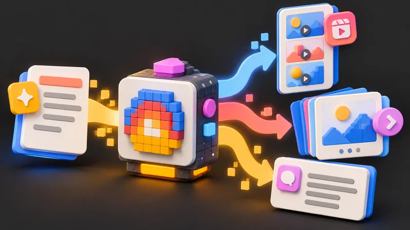 An Instagram brief becoming a Reel, carousel and caption in a colourful 3D illustration
