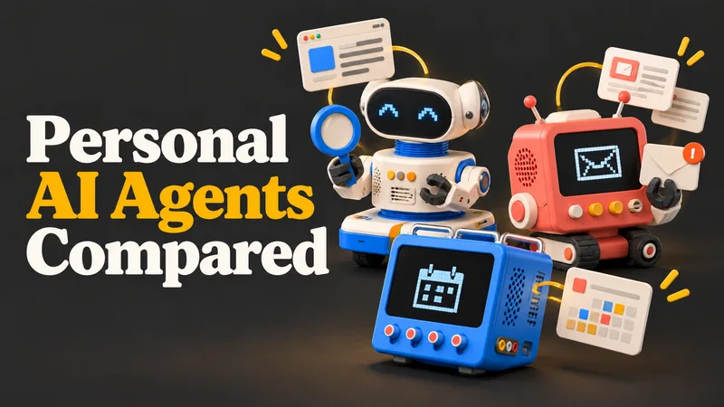 Personal AI agents compared, illustrated with a friendly retro computer and connected tools