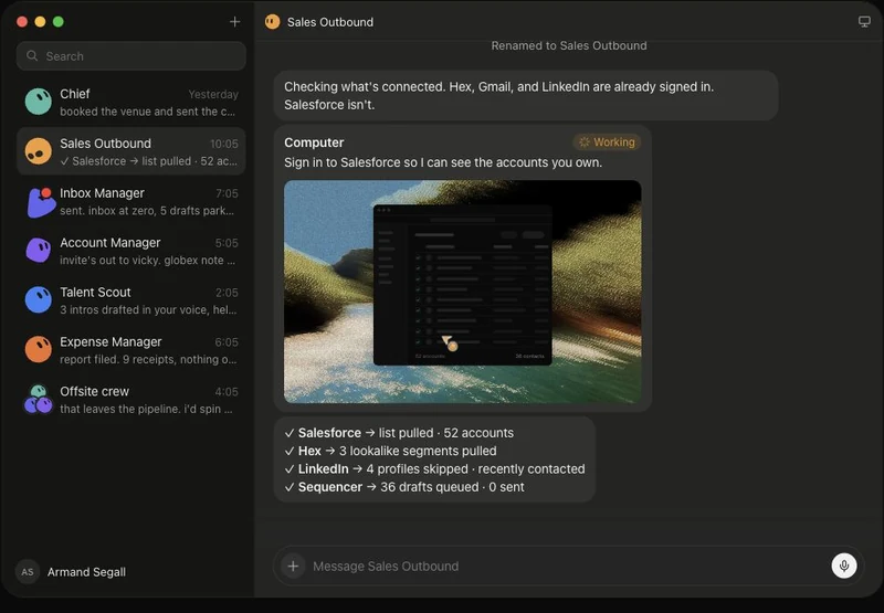 Grok Bot demonstration showing several named bots and a sales workflow